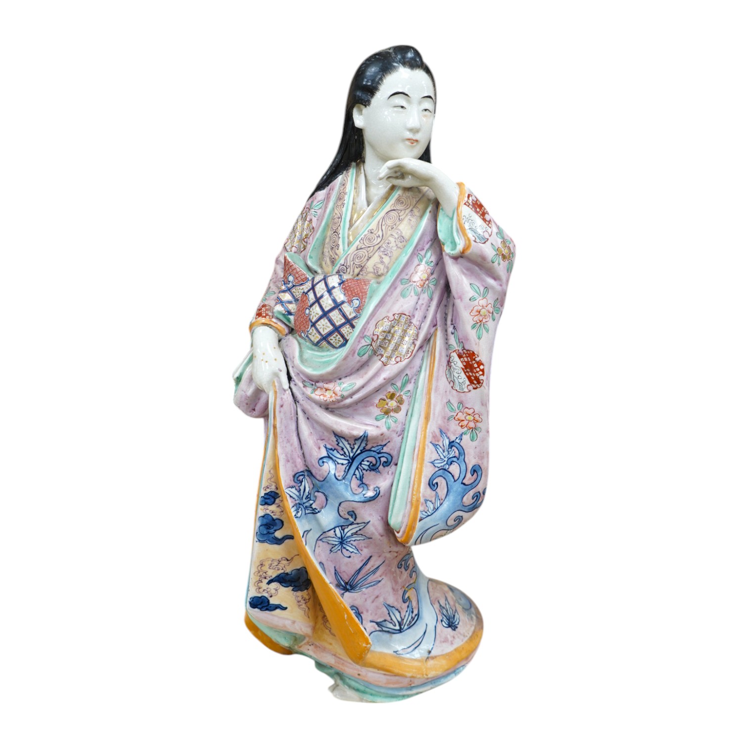 A Japanese earthenware figure of a lady, circa 1900, 46cm. Condition - poor